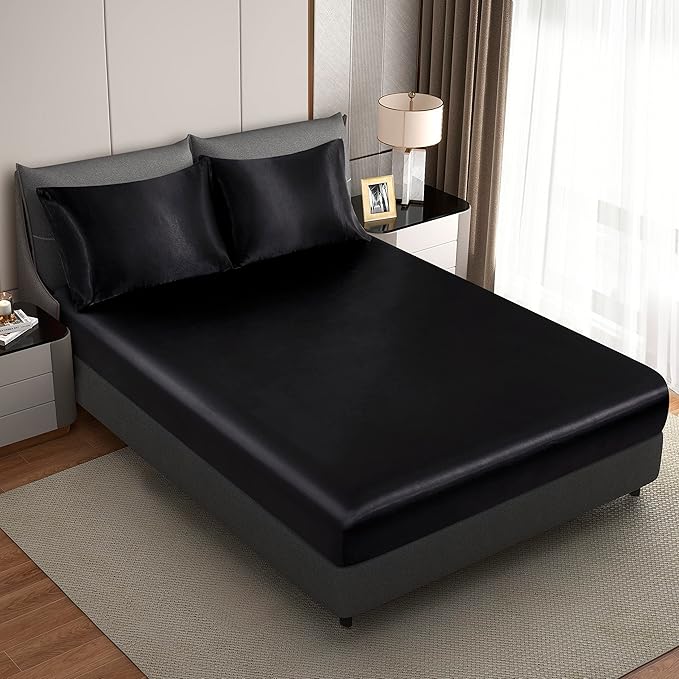 King Size Satin Pillowcase Set of 2 with Envelope Closure,Black Silk Pillowcase for Hair and Skin (20x36)