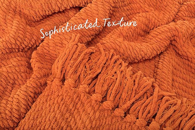 Chanasya Premium Textured Knit Throw Blanket with Tassels - Soft, Cozy Blanket for Couch, Bed, Living Room - 50" x 65” - Orange