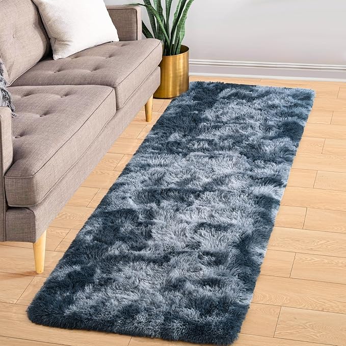 ISEAU Runner Rug for Bedroom, 2x6 Feet Shag Area Rug with Upgrade Non Slip, Fluffy Carpet Runner for Hallway, Fuzzy Soft Living Room Rugs for Boys Bedroom Decor, Dark Blue