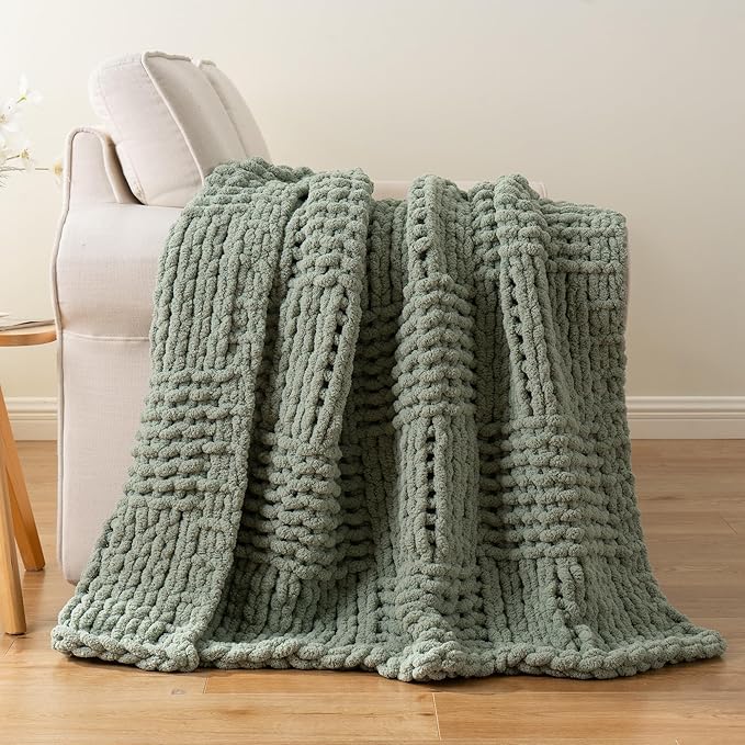 Bunnikins & Clover Sage Green Throw Blanket for Couch, Chunky Knit Blanket Throw with Chenille Yarn for Bed Living Room Home Decor, 50"x60"
