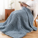 Bunnikins & Clover Dusty Blue Throw Blanket, Handmade Chenille Cable Chunky Knit Throw for Couch, Blue Grey Throw Blanket for Home Decor, 50"x60"