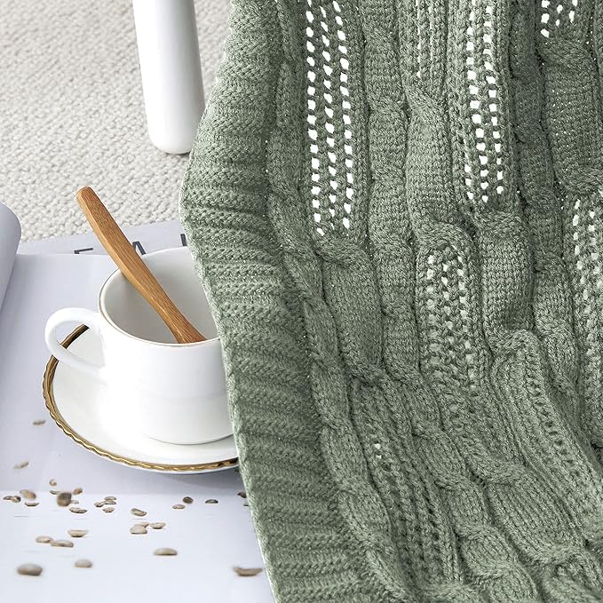 Aormenzy Cable Knit Throw Blankets 50 x 60 Inches, Soft Cozy and Lightweight Knitted Blanket, Machine Washable Acrylic Blanket, Decorative Throw Blanket for Couch Sofa Bed, Sage Green