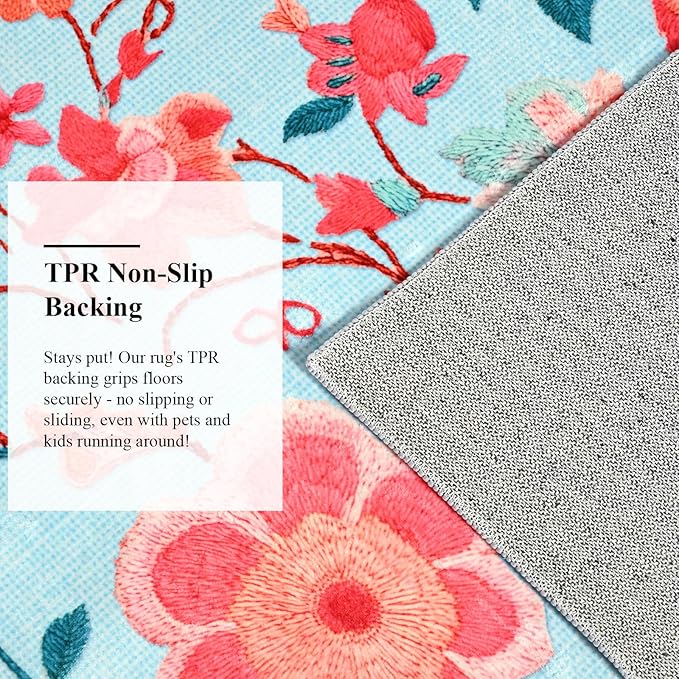 CRYPTOLITE 8x10 Area Rug for Living Room Clearance, Modern Washable Rug Non Slip Low Pile Floral Rugs for Living Room, Bedroom, Farmhouse, Dining Room, Kids Playroom, Blue