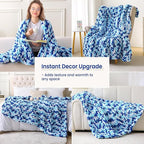 Mooreeke Chunky Knit Blanket 50"x60", Soft Chenille Throw Blanket Cozy 100% Handmade Crochet Gift Blankets with Jumbo Chenille Yarn for Couch Bed Sofa Room Decor - Blue and White