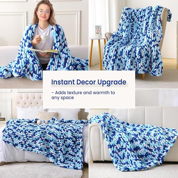 Mooreeke Chunky Knit Blanket 50"x60", Soft Chenille Throw Blanket Cozy 100% Handmade Crochet Gift Blankets with Jumbo Chenille Yarn for Couch Bed Sofa Room Decor - Blue and White