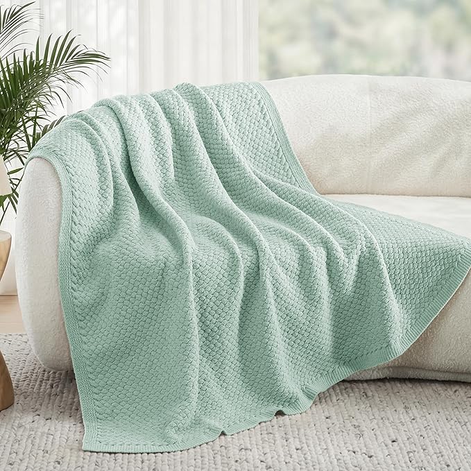 Whale Flotilla Chunky Knit Throw Blanket for Couch and Bed, Sage Green Decorative Cozy Fleece Blanket, Reversible Soft Fuzzy Woven Throws, 50x60 Inch