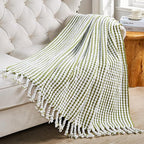 Striped Knit Throw Blanket with Braided Tassels 50" x 60", Hand Knitted Soft Chunky Chain Design Boho Farmhouse Blanket, Two Tone Tassel Decor Throw for Couch Bed Sofa Outdoor, Olive White