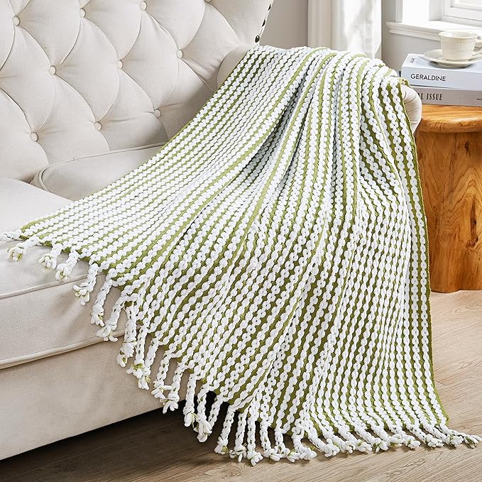 Striped Knit Throw Blanket with Braided Tassels 50" x 60", Hand Knitted Soft Chunky Chain Design Boho Farmhouse Blanket, Two Tone Tassel Decor Throw for Couch Bed Sofa Outdoor, Olive White