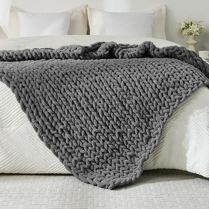 YAAPSU Chunky Knit Throw Blanket for Couch, 51"x63", 100% Hand Knitted Thick Cable Knit with Cozy Jumbo Chenille Yarn, Soft Large Rope Knot Crochet Blankets for Sofa Bed Living Room Décor, Gray