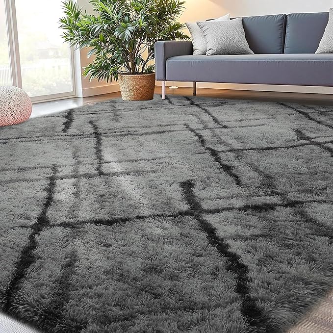 junovo 5x8 Area Rugs - Non-Slip Ultra Soft Washable High Pile Bedroom Rug for Kids, Living Room, Nursery & Dorm, Grey Flame Retardant Plush Shaggy Rug Home Decor