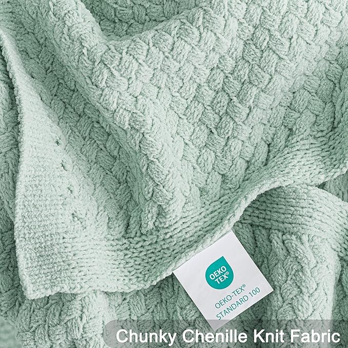 Whale Flotilla Chunky Knit Throw Blanket for Couch and Bed, Sage Green Decorative Cozy Fleece Blanket, Reversible Soft Fuzzy Woven Throws, 50x60 Inch