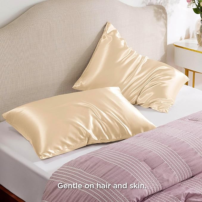 Bedsure Satin Pillowcase with Zipper, Similar to Silk Pillow Cases 2 Pack, Silky & Soft Satin Pillow Cases Standard Size for Hair and Skin, Champagne Pillow Covers, Gifts for Women Men, 20x26 Inches