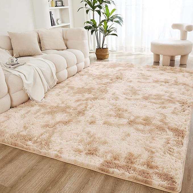 Litanika 3x5 Shag Area Rug for Living Room Bedroom, Tie-Dyed Beige High Pile Soft Plush Shaggy Furry Cream Bedside Playroom Dorm Carpet, Non-Slip, Non-Shedding Modern Indoor Floor Rug