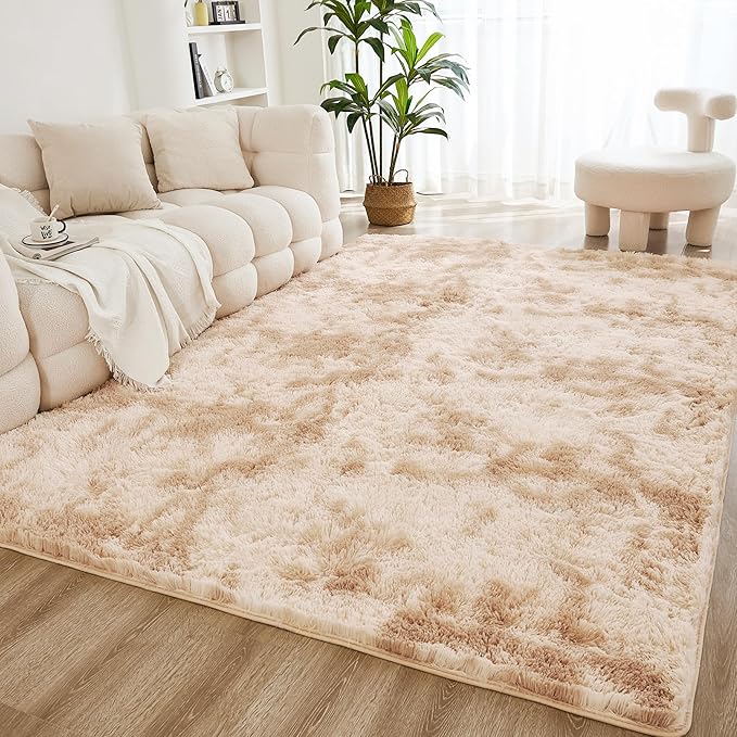 Litanika 8x10 Shag Area Rug for Living Room Bedroom, Tie-Dyed Beige High Pile Soft Plush Shaggy Furry Cream Bedside Playroom Dorm Carpet, Non-Slip, Non-Shedding Modern Indoor Floor Rug
