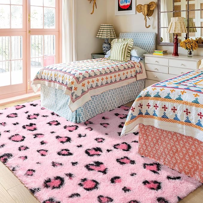 HOMORE Leopard Print Rugs, 3x5 Feet Pink Leopard Rug for Girls Bedroom, Soft Cheetah Print Rugs for Living Room Western Decor, Modern Indoor Fluffy Area Rug for Kids Nursery Dorm Decor