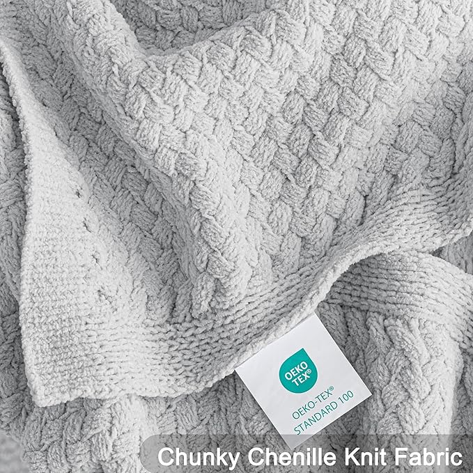 Whale Flotilla Chunky Knit Throw Blanket for Couch and Bed, Light Grey Decorative Cozy Fleece Blanket, Reversible Soft Fuzzy Woven Throws, 60x80 Inch