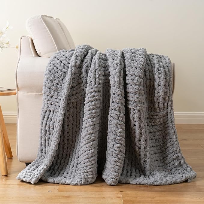 Bunnikins & Clover Chunky Knit Throw Blanket for Couch, Light Grey Throw Blanket for Home Decor, Handmade Chenille Cable Knit Throw Crochet Blanket, 50"x60"