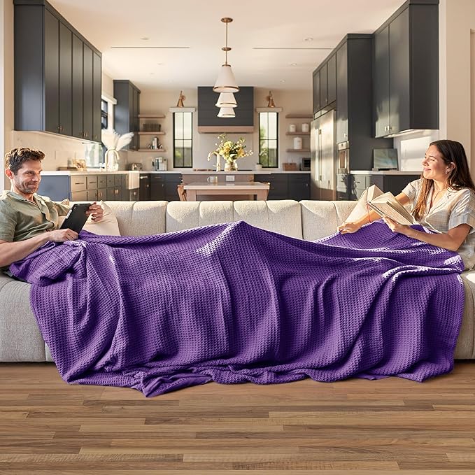 Bedsure Gentlesoft 100% Cotton Blanket Queen Size for Bed - Breathable and Soft for Spring Summer, Thick Cozy Waffle Weave Blanket Gifts for Women, Purple, 90x90 Inches