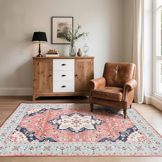 CRYPTOLITE Living Room Rug 7x10, Machine Washable Area Rug Non Slip Low Pile Vintage Rug for Living Room, Bedroom, Farmhouse, Dining Room, Kids Playroom, Red&Blue
