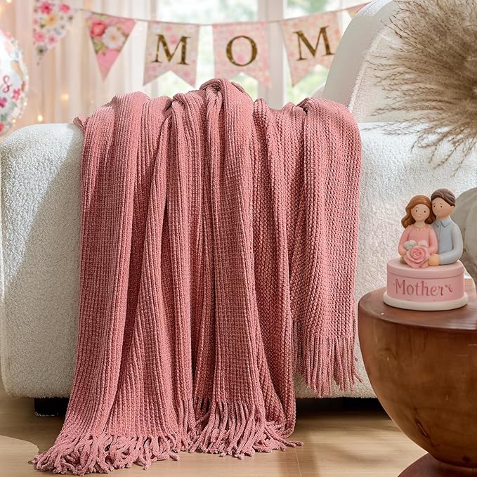 inhand Coral Pink Chunky Chenille Throw Blanket for Couch Bed, Mothers Day/Mom Birthday Gifts for Mom from Daughter Son,Soft Boho Knitted Blanket,Cozy Decor for Living Room,50"x60",Extra Thick