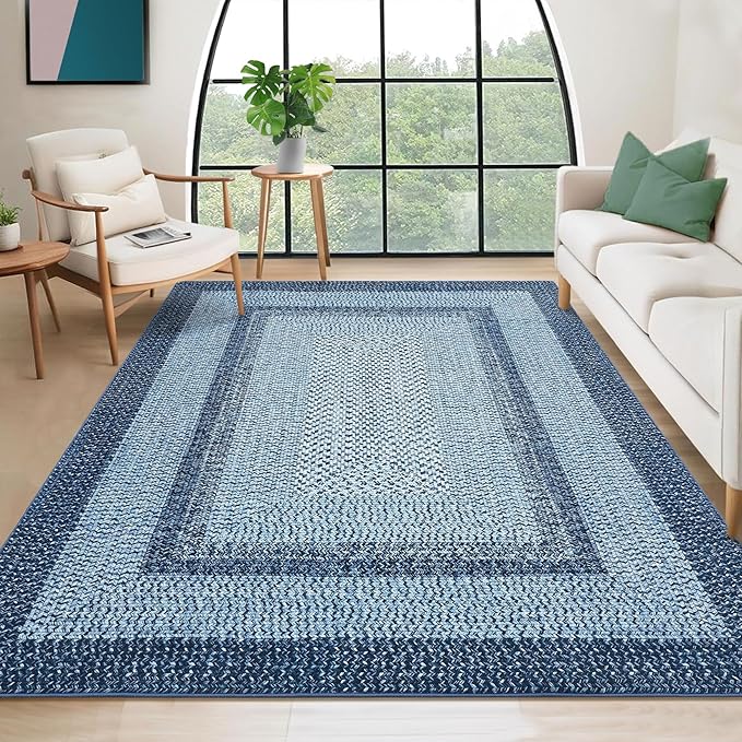 RUGSREAL Boho Rug 4x6 Bedroom Machine Washable Rug Braided Print Floor Cover Indoor Non Slip Dining Room Throw Carpet Farmhouse Rustic Accent Rug for Living Room Home Decor, Blue