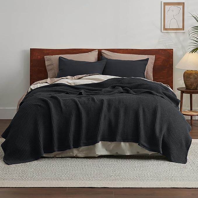 Bedsure Gentlesoft 100% Cotton Blanket Queen Size for Bed - Cooling Breathable and Soft for Spring Summer, Thick Cozy Waffle Weave Blanket Gifts for Women, Black, 90x90 Inches