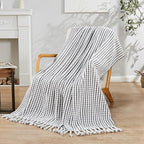 Striped Knit Throw Blanket with Braided Tassels 50" x 60", Hand Knitted Soft Chunky Chain Design Boho Farmhouse Blanket, Two Tone Tassel Decor Throw for Couch Bed Sofa Outdoor, Gray White
