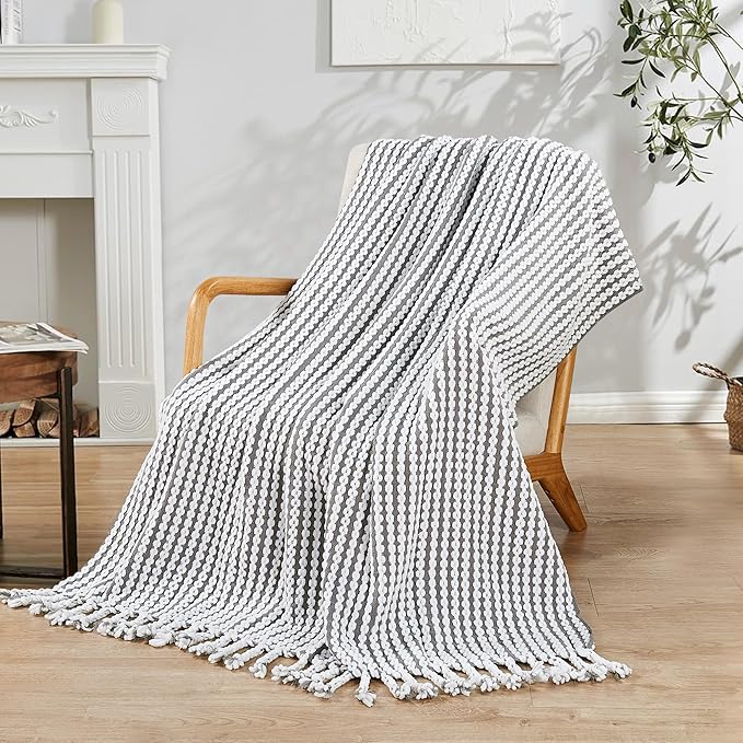 Striped Knit Throw Blanket with Braided Tassels 50" x 60", Hand Knitted Soft Chunky Chain Design Boho Farmhouse Blanket, Two Tone Tassel Decor Throw for Couch Bed Sofa Outdoor, Gray White