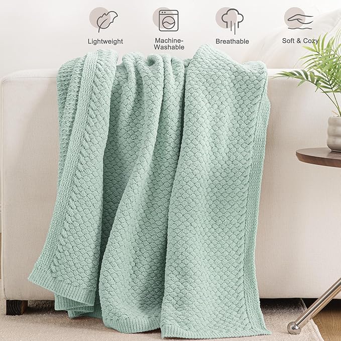 Whale Flotilla Chunky Knit Throw Blanket for Couch and Bed, Sage Green Decorative Cozy Fleece Blanket, Reversible Soft Fuzzy Woven Throws, 50x60 Inch