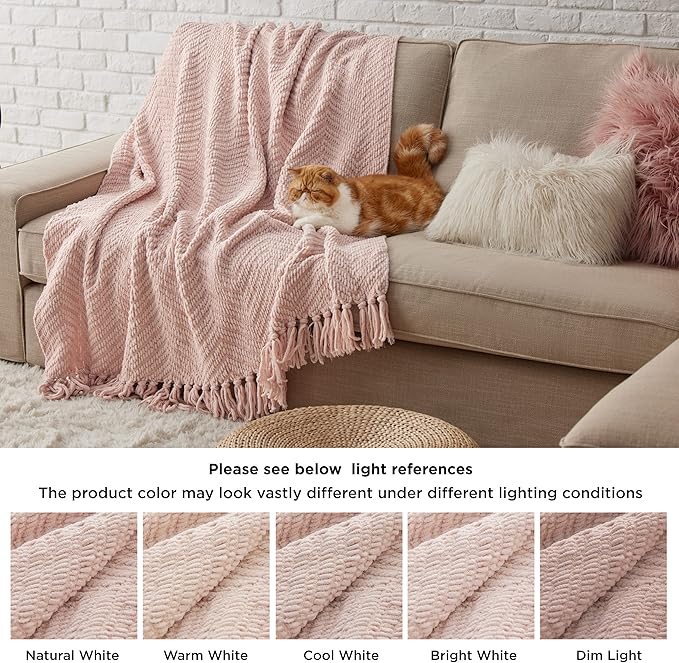 Bedsure Spring Throw Blankets for Couch - Textured Knit Woven Chenille Blanket - Super Soft, Warm Decorative Boho Throw with Tassels for Bed, Sofa and Living Room, Light Pink, 50x60 Inches