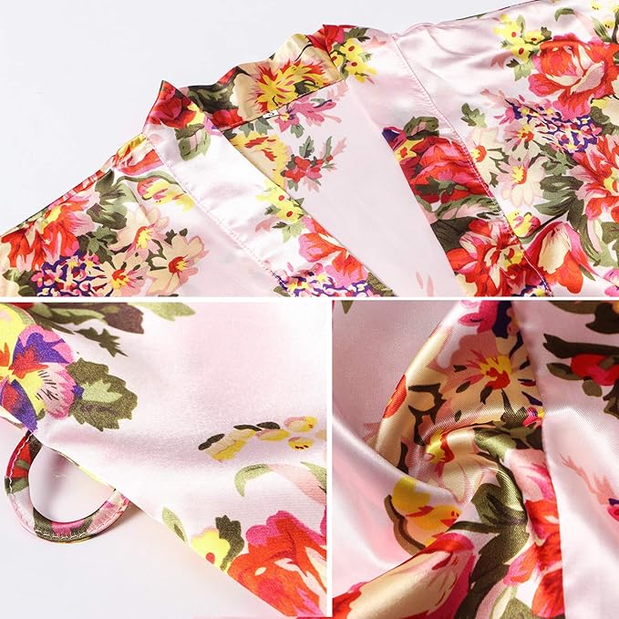 Women's Floral Satin Robes Bride Bridesmaid Getting Ready Robe Short Silky Kimono Sleepwear for Wedding Party