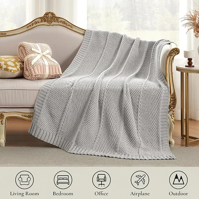 Amélie Home Knit Throw Blanket, Soft Chenille Cozy Breathable Chevron Chunky Decorative Blanket for Couch, Bed & Sofa, French-Inspired Lightweight Warm Gift for Women, Light Gray, 60"x80"