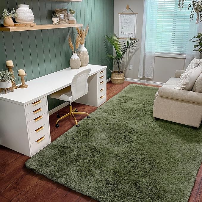 Amdrebio Olive Green Fluffy Area Rugs for Bedroom Living Room, 5x7 Shaggy Modern Cool Rugs for Girls Boys Kids Room Decor, Soft Plush Fuzzy Furry Carpet for Classroom Nursery Dorm Playroom Apartment