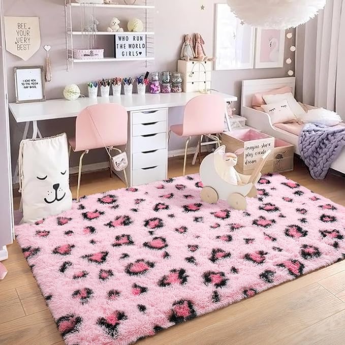 HOMORE Leopard Print Rugs, 3x5 Feet Pink Leopard Rug for Girls Bedroom, Soft Cheetah Print Rugs for Living Room Western Decor, Modern Indoor Fluffy Area Rug for Kids Nursery Dorm Decor