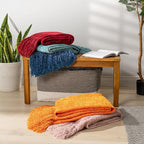 Pavilia Blush Pink Chenille Throw Blanket for Couch & Bed, Soft Knit Woven with Tassels, Textured for Living Room, 60x80