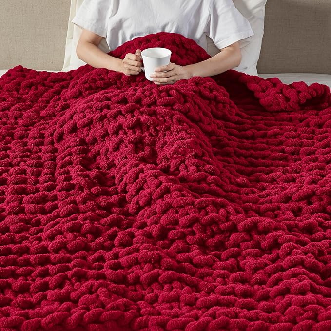 Madison Park Chenille Chunky Knit Handmade Throw Blanket, Luxuriously Soft Gift Blankets, Cottage Style Room Décor, Lightweight & Breathable All Seasons Throw Blanket for Couch, 50" W x 60" L Red