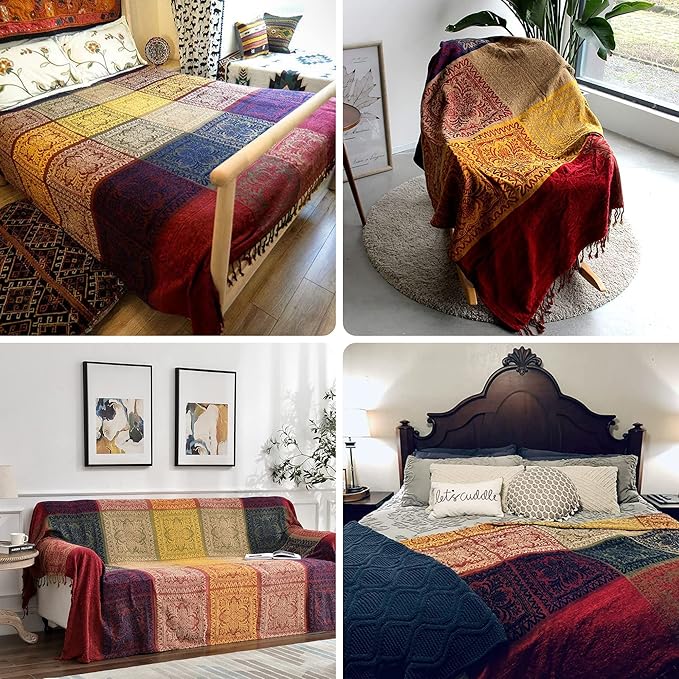 Bohemian Throw Blanket Hippie Chenille Jacquard Tassels Soft Chair Cover for Bed Couch Decorative Boho Throw Blankets - Colorful Tribal Pattern