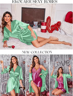 Ekouaer Women's Satin Robe Valentines Lingerie for Women Kimono Bathrobe Short Ruffle Belted Robes Bridesmaids Sleepwear