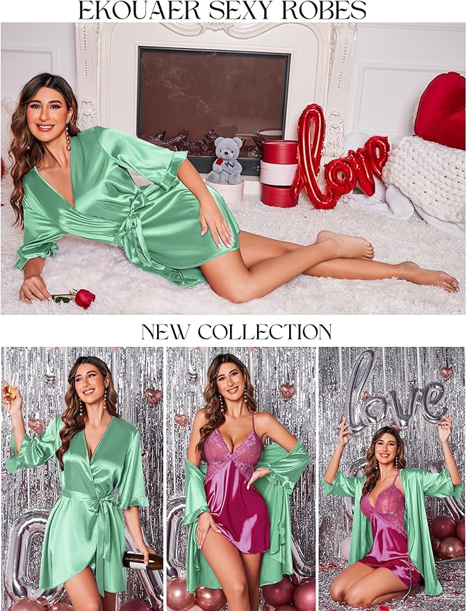 Ekouaer Women's Satin Robe Valentines Lingerie for Women Kimono Bathrobe Short Ruffle Belted Robes Bridesmaids Sleepwear