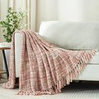 Multi-Color Light Pink Cable Woven Throw Blanket for Couch,60"X80" Boho Style Textured Blankets for Home Decor,Super Soft Warm Cozy Chunky Blanket with Decorative Tassels for Bed