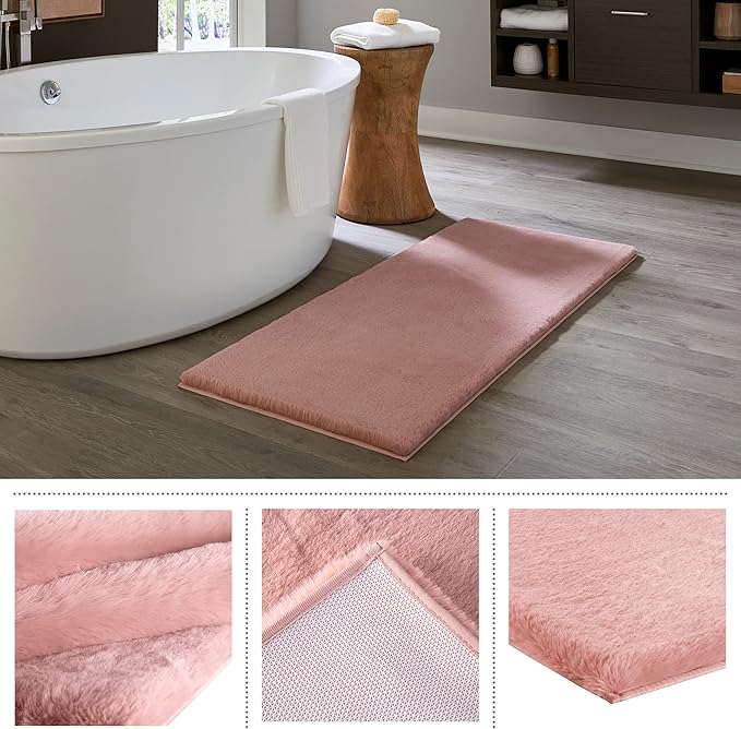 Home-Complete Faux Fur Bath Mat – 24x60-Inch Nonslip Jacquard Faux Fur Washable Rug for Bathroom or Kitchen, Mauve