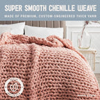Chunky Knit Blanket Throw - 50"x60" 3.7 lbs.- Soft Chenille Yarn Knitted Blanket -Machine Washable Crochet Blanket - Handmade Cable Knit Throw Blanket for Couch, Bed (Blush Pink)