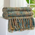 Multi-Color Gold Green Cable Woven Throw Blanket for Couch,60"X80" Boho Style Textured Blankets for Home Decor,Super Soft Warm Cozy Chunky Blanket with Decorative Tassels for Bed
