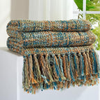 Multi-Color Gold Green Cable Woven Throw Blanket for Couch,60"X80" Boho Style Textured Blankets for Home Decor,Super Soft Warm Cozy Chunky Blanket with Decorative Tassels for Bed