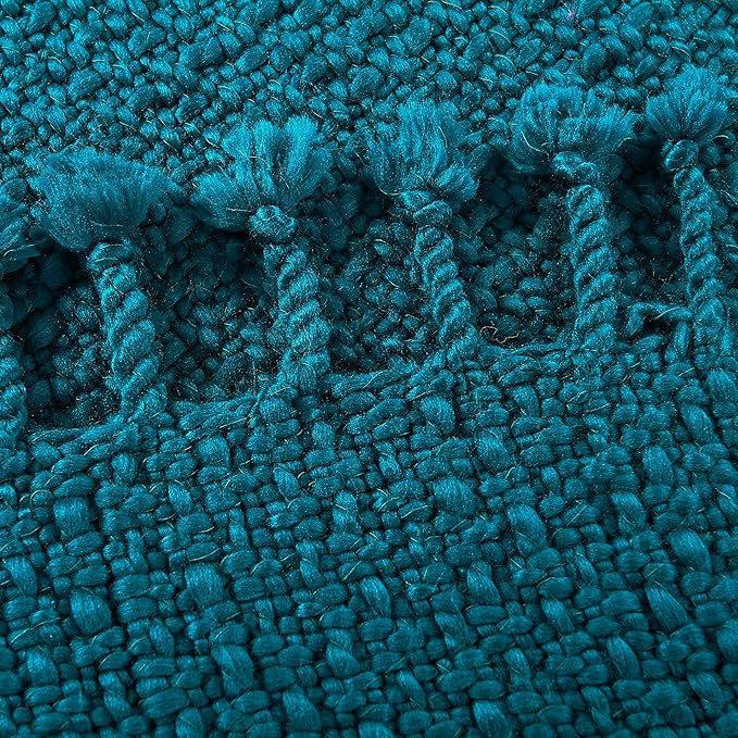 Chunky Knit Throw Blanket with Braided Tassels 50" x 60", Hand Knitted Soft Thick Yarn Basket Weave Boho Farmhouse Blanket, Plush Fluffy Tassel Decor Throw for Couch Bed Sofa, Dark Teal