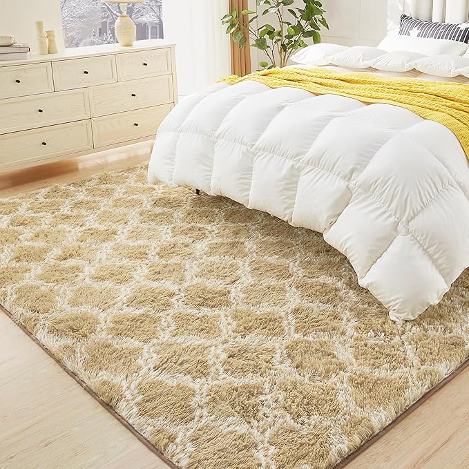 Litanika 8x10 Geometric Shag Area Rug for Bedroom, Camel and White High Pile Ultra Soft Plush Shaggy Furry Bedside Playroom Dorm Carpet, Non-Slip, Non-Shedding Indoor Floor Rug