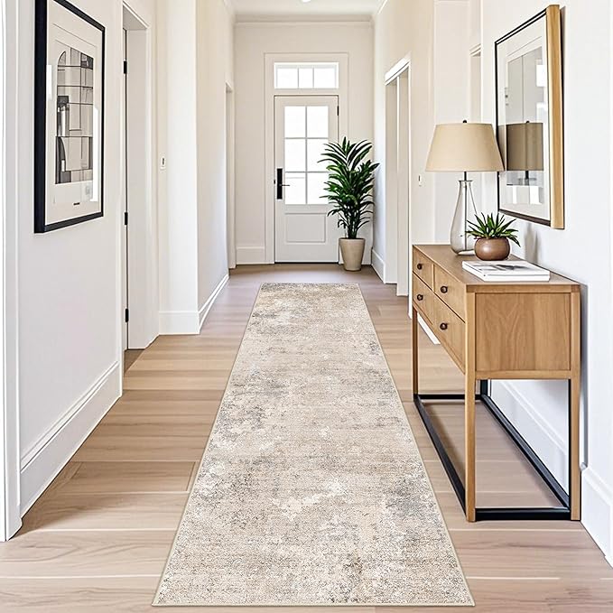 2x10 Washable Hallway Runner Rug – Non-Slip Long Carpet Runner for Kitchen Entryway Bedroom Living Room Bathroom,Stain-Resistant Low-Pile Modern Abstract Neutral (Beige Grey,2x10)