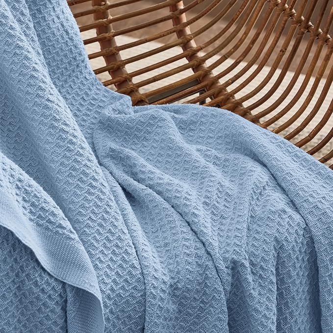 Bedsure Gentlesoft 100% Cotton Throw Blanket for Couch 50x70 inches - Cooling Breathable and Soft for Spring Summer, Waffle Weave Throw Blanket for Office, Sky Blue