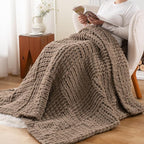 Bunnikins & Clover Beige Throw Blanket for Couch, Chunky Knit Beige Throw for Bed, Neutral Throw Blankets Tan Throw Blanket for Room Decor Housewarming Gifts, 50"x60"