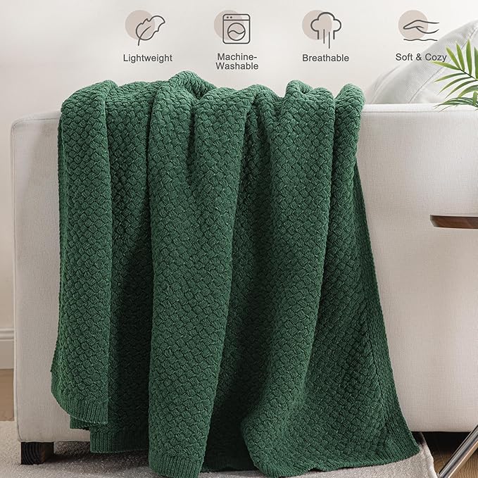Whale Flotilla Chunky Knit Throw Blanket for Couch and Bed, Deep Green Decorative Cozy Fleece Blanket, Reversible Soft Fuzzy Woven Throws, 60x80 Inch